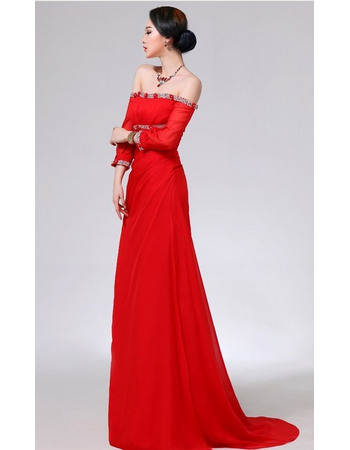 Elegant Beaded Off-the-shoulder Chiffon Evening Party Dresses with Long Sleeves