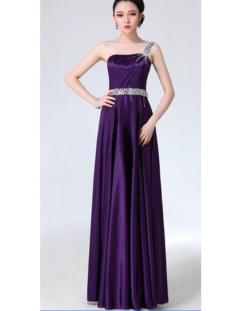 Elegantly One Shoulder Pleated Satin Evening Party Dresses with Beaded Waist