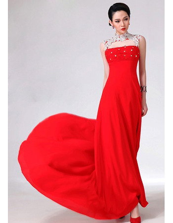 Inexpensive High Neck Sheath Floor Length Chiffon Evening/ Prom Dresses with Keyhole