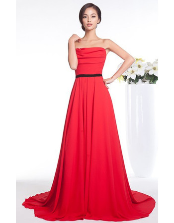 Simple A-Line Strapless Long Length Chiffon Evening Party Dresses with Belt