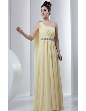 Elegance One Shoulder Floor Length Pleated Chiffon Evening Party Dresses wtih Crystal Detail