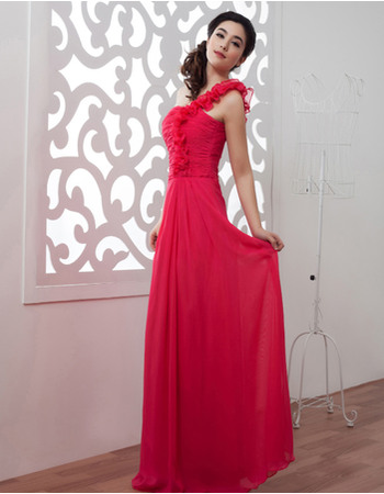 Sweet Ruffled One Shoulder Floor Length Chiffon Evening/ Prom Dresses With Ruched Bodice