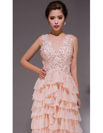 Sophisticated Beaded Appliques Bodice Evening Dresses with Tiered Chiffon Skirt