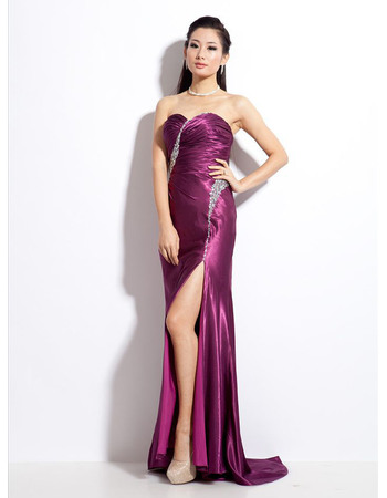 Sexy Ruched Sweetheart Floor Length Evening Dresses with High-Leg Slit and Beading Detail