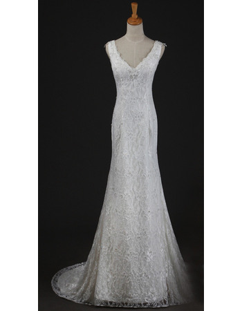 Alluring V-Neck Mermaid Long Length Spring Lace Wedding Dresses with Shimmering Crystal Detailing
