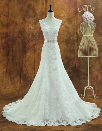 Romantic A-Line V-neck Long Length Lace Wedding Dresses with Crystal Beaded Belt