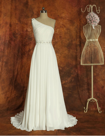 Elegant One Shoulder Full Length Summer Beach Chiffon Wedding Dresses with Crystal Beaded Waistband