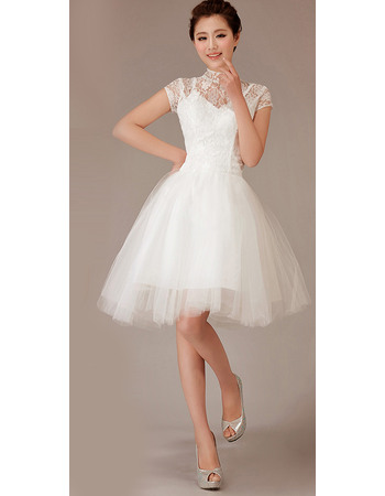 Perfect High-Neck Short Sleeves Short Reception Tulle Wedding Dresses with Lace Bodice