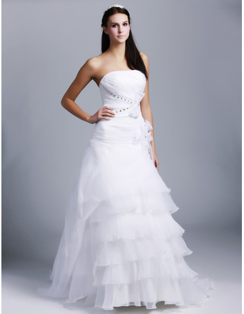 Modern and Romantic Strapless Pleated Bodice Full Length Organza Wedding Dresses with Crystal Detail