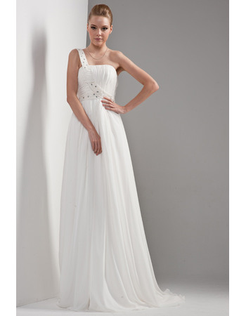Exquisite Crystal Beading One Shoulder Sweep Train Chiffon Wedding Dresses with Pleated Detail