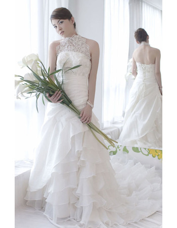 Romantic and Sophisticated Lace Halter Neck Court Train Taffeta Wedding Dresses with Side Slit