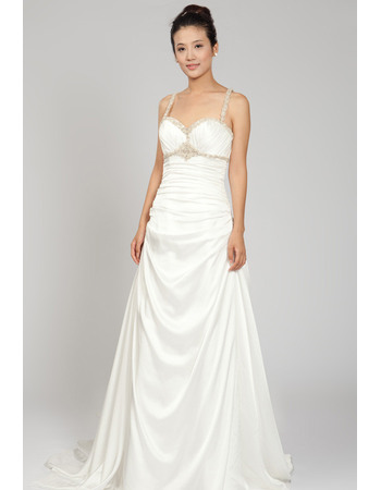 Exquisite Beaded Spaghetti Straps Court Train Satin Wedding Dresses with Pleated Detail