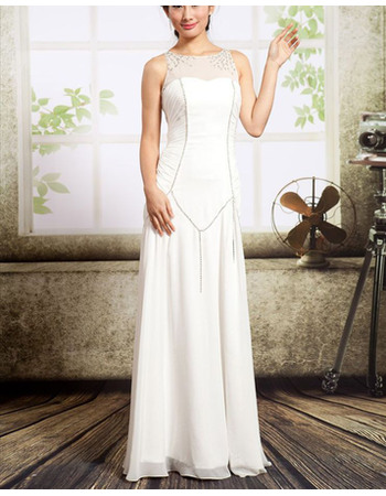 Stylish Illusion Neckline Ivory Chiffon Evening Dresses with Side Shirred and Beading Detail