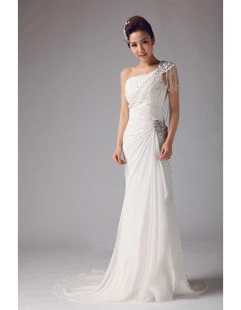 Fashionable Side Draped Full Length Chiffon Wedding Dresses with Beaded Fringe