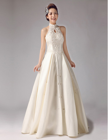 Special Mandarin Collar A-Line Floor Length Satin Wedding Dresses