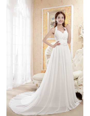 Ethereal Halter Neck A-Line Court Train Chiffon Wedding Dresses with Rhinestone Detail