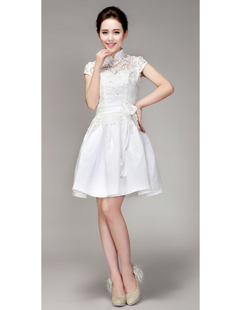Elegant Crystal Detail A-Line Short Reception Satin Wedding Dresses with Lace Bodice