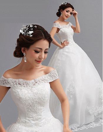Princess Gorgeous Beaded Appliques Off-the-shoulder Ball Gown Tulle Wedding Dresses