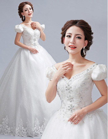 Gorgeous Princess Rhinestone Beading V-Neck Full Length Ball Gown Tulle Wedding Dresses