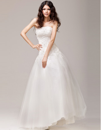 Modern and Romantic Beading Appliques A-Line Strapless Brush Train Tulle Wedding Dresses