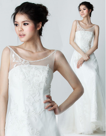 Delicate Beaded Scoop Neckline Spaghetti Straps Tulle Wedding Dresses with Appliques