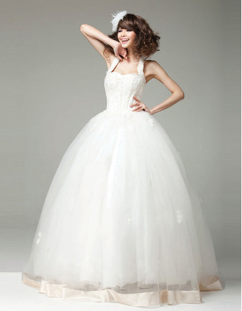 Sophisticated Beading Appliques Bodice Halter Neck Ball Gown Tulle Wedding Dresses