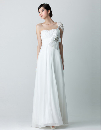 Affordable Sheath Full Length One Shoulder Chiffon Wedding Dresses with Beaded Detail