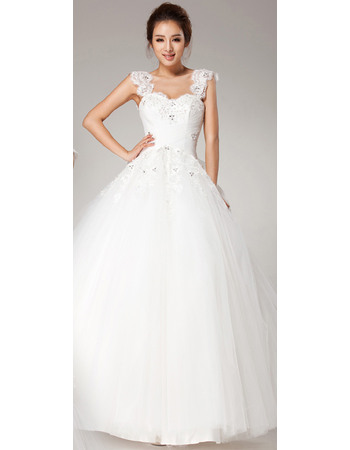 Pretty Wide Straps Lace Appliques Ball Gown Tulle Wedding Dresses with Beading Detail