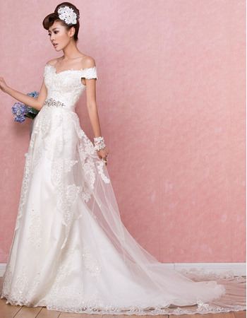 Delicate Beaded Appliques Off-the-shoulder Tulle Wedding Dresses with Crystal Detail