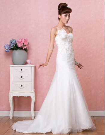 Delicate Beading Appliques Sweetheart Sweep Train Tulle Wedding Dresses with Modified Bow Detail