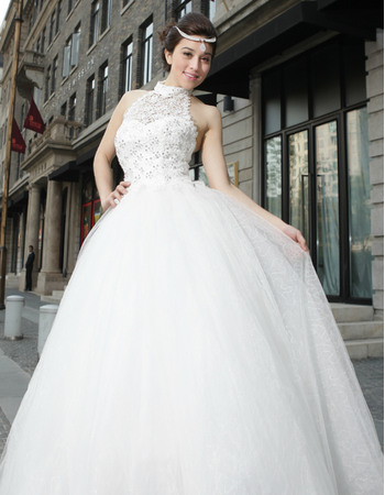 Dramatic High Neckline Ball Gown Tulle Wedding Dresses with Lace Bodice and Beading Detail