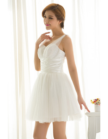Affordable Short Tulle Summer Wedding Dresses with Beaded Bust and Pleated Detail