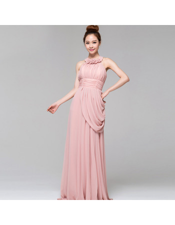 Sweet Halter Neck Full Length Pleated Chiffon Formal Evening Dresses with with 3D-flowers