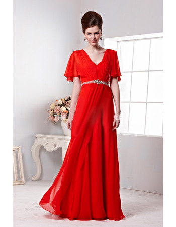 Classic V-Neck Chiffon Evening Dresses with Flutter Sleeves and Beaded Waist