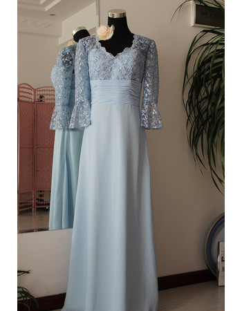 Charming A-Line Lace V-Neck Chiffon 3/4 Long Sleeves Floor Length Mother of the Bride/ Groom Dresses with Sleeves