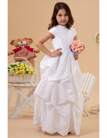 Chic Cute A-Line Crew Neck Cap Sleeves Pick-up Taffeta Full Length White Flower Girl Dresses with Embroidery Beaded