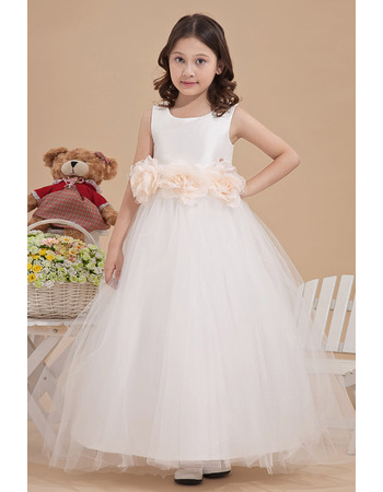Discount Ball Gown Round Neck Satin Empire Ankle Length Tulle Flower Girl Dress with 3D Flowers