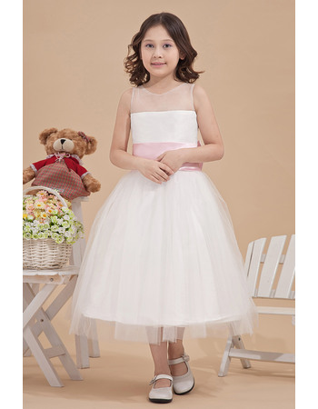 Inexpensive Simple Ball Gown Round/ Scoop Tea Length Satin Tulle Flower Girl Party Dresses with Sashes