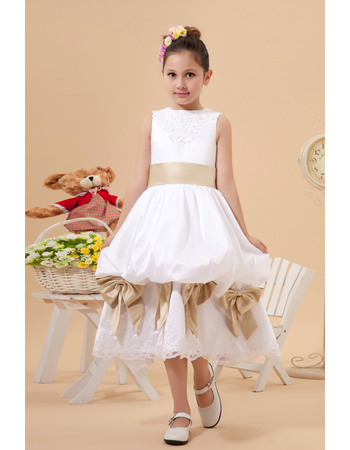 Sweet Discount A-Line Bateau Pick-Up Skirt Tea Length Satin Flower Girl Dresses with Beaded Appliques