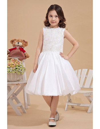 Pretty Luxury Beaded Appliques Bodice Knee Length Taffeta First Communion Flower Girl Dresses with Bubble Skirt