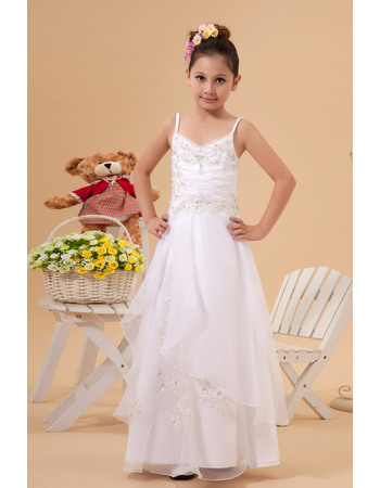Luxury Beaded Appliques A-Line Spaghetti Straps Organza Full Length White First Communion Dresses