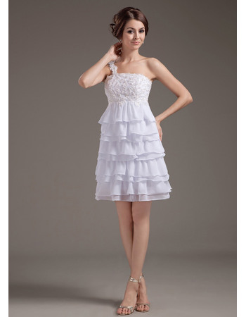 Pretty Beading Appliques One Shoulder Short Chiffon Wedding Dresses with Tiered Skirt