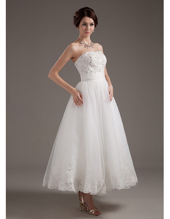 Perfect Beaded Beading Bodice Strapless Tea Length Tulle Wedding Dresses