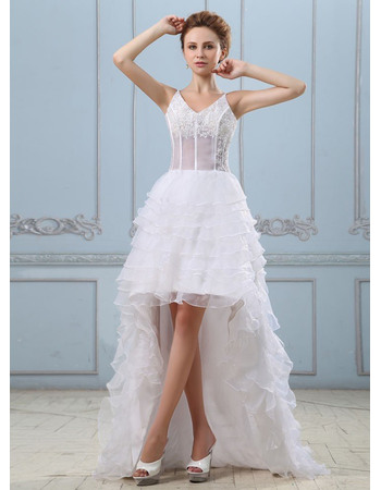 Sexy Appliques Beadings High-Low Organza Wedding Dresses with Illusion Waist