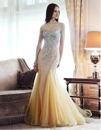 Sparkle & gorgeous Mermaid Sweetheart Tulle Evening Dresses with Crystal Beaded Embellished Bodice