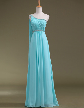 Elegance One Shoulder Pleated Chiffon Evening Dresses with Beaded Crystal Neck and Waist