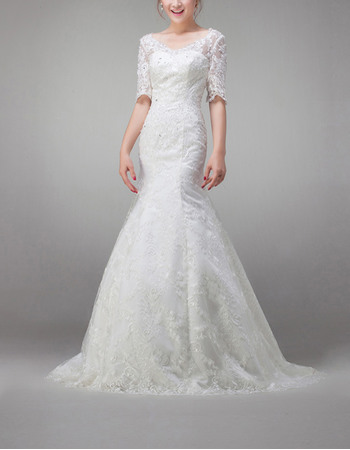 Exquisite Mermaid Lace Wedding Dresses with Half Sleeves and Crystal Detailing