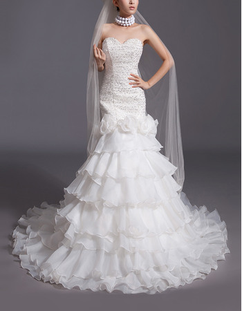 Gorgeous Tiered Organza Wedding Dresses with Beaded Bodice and Hand-made Flowers