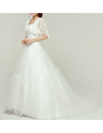 Affordable Ball Gown Tulle Wedding Dresses with Lace Bodice and Flutter Sleeves