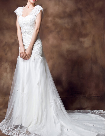 Graceful Crystal Beading Chapel Train Tulle Wedding Dresses with Slight Cap Sleeves